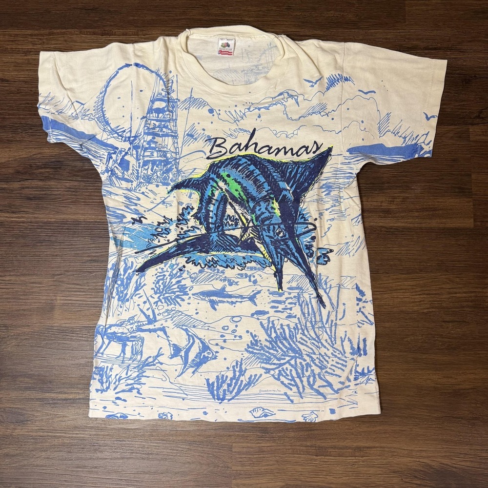 Vintage Bahamas Shirt Mens Medium Marlin Fish Graphic Fruit Loom 80s‎ Tee